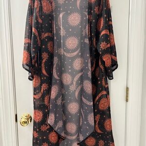 Black and Orange Sheer Kimono with Celestial Print